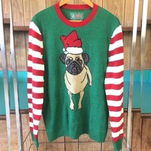Ugly Christmas Sweater Pug Dog Santa Hat Red Green
